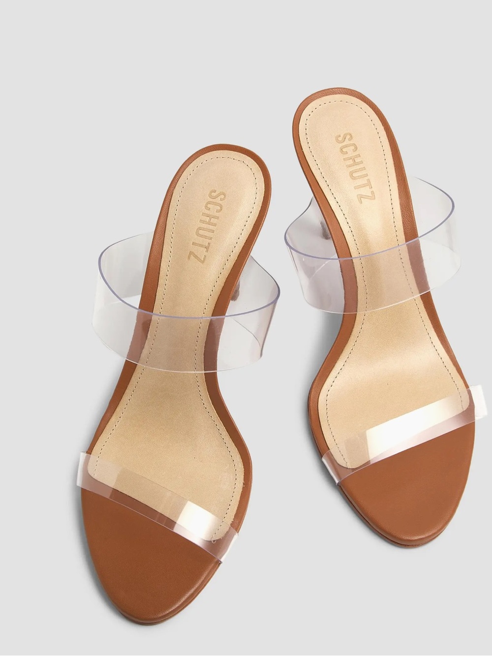 SCHUTZ Clear-Strap Tan Slide Mules